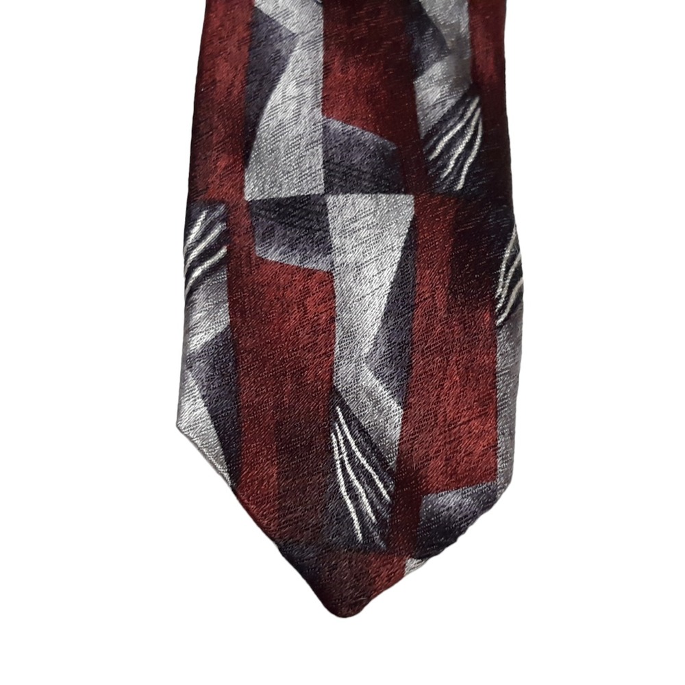Pierre Cardin Necktie Mens OS Burgundy Grey Geometric Abstract Silk Vintage - Picture 9 of 13